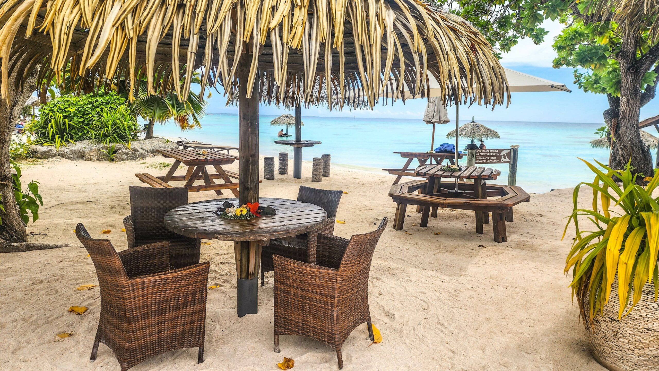 Tables et chaises en bord de plage à Fakarava, cadre idyllique pour un repas au bord du lagon